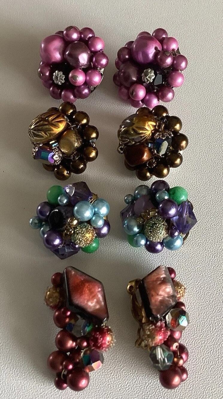 Vintage Japan Jewelry Clip On Earrings Pearl Gemstone Beads 4 Assorted Pairs